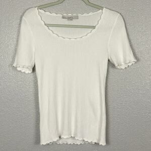 Loft Sz Small White Scalloped Scoop Neck Rayon Polyester Short Sleeve Ribbed Top